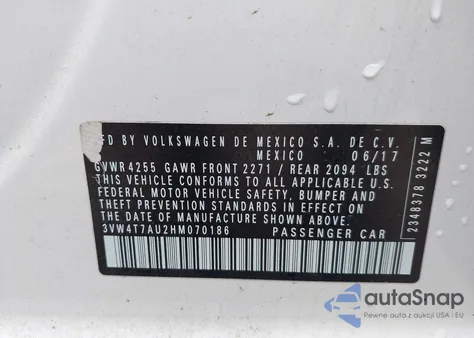 2017 Volkswagen Gti S z USA, uszkodzony, nr VIN 3VW4T7AU2HM070186